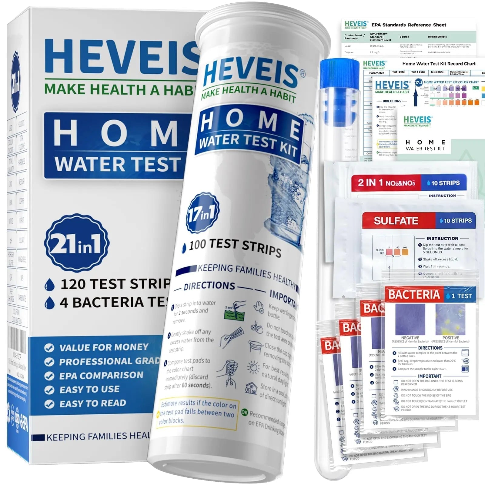 21-in-1 Home Drinking Water Testing Kit - 120 Strips + 4 Bacteria Tests - Tap and Well Water Test Kit, Easy to Test and Read for Hardness, Lead, Iron, Fluoride, pH, Copper, Bacteria and More - Maple Wellness Supplements