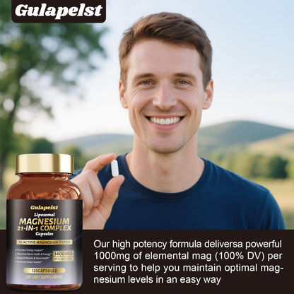 21 in 1 Liposomal 1400mg Magnesium Complex (Citrate, Glycinate, Malate etc) Capsule - 12 Active Types Magnesium with Vitamin D3, B6, B12, C, Ashwagandha & CoQ10 for Women & Men - Maple Wellness Supplements