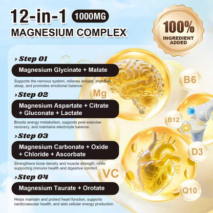 21 in 1 Liposomal 1400mg Magnesium Complex (Citrate, Glycinate, Malate etc) Capsule - 12 Active Types Magnesium with Vitamin D3, B6, B12, C, Ashwagandha & CoQ10 for Women & Men - Maple Wellness Supplements