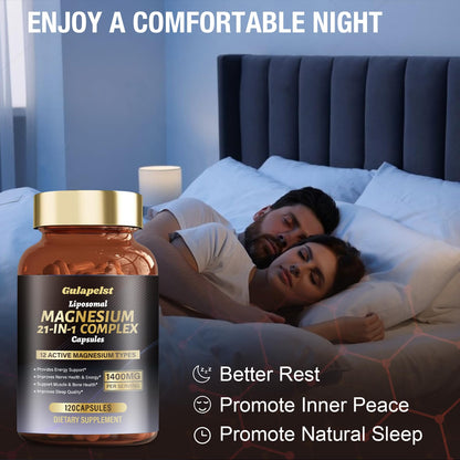 21 in 1 Liposomal 1400mg Magnesium Complex (Citrate, Glycinate, Malate etc) Capsule - 12 Active Types Magnesium with Vitamin D3, B6, B12, C, Ashwagandha & CoQ10 for Women & Men - Maple Wellness Supplements