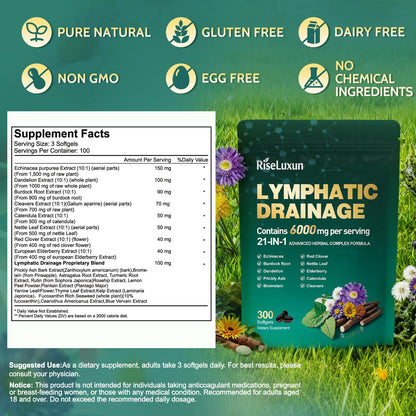 21-in-1 Liposomal Lymphatic Drainage Supplements, 100 Day Supply, 6000mg Lymph System Support for Women & Men with Echinacea, Dandelion, Burdock, Bromelain, Calendula, Turmeric & More, 300 Softgels - Maple Wellness Supplements