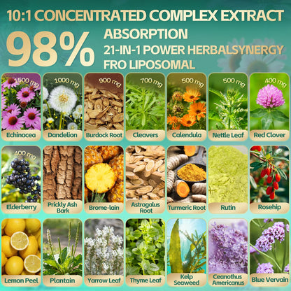 21-in-1 Liposomal Lymphatic Drainage Supplements, 100 Day Supply, 6000mg Lymph System Support for Women & Men with Echinacea, Dandelion, Burdock, Bromelain, Calendula, Turmeric & More, 300 Softgels - Maple Wellness Supplements