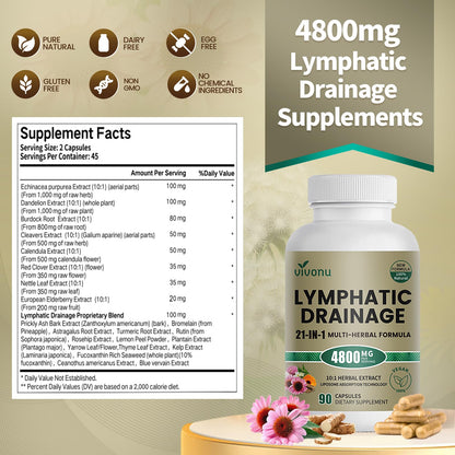 21-in-1 Liposome Lymphatic Drainage Supplements, 45 Day Supply, 4800mg Immune & Lymph System Support, 10:1 Concentrated Technology, Echinacea, Dandelion, Burdock, Bromelain, Calendula, 90 Capsules - Maple Wellness Supplements