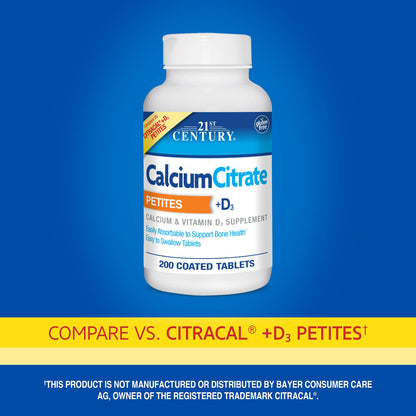 21st Century Calcium Citrate + D3 Petites Coated Tablets 200 ea - Maple Wellness Supplements