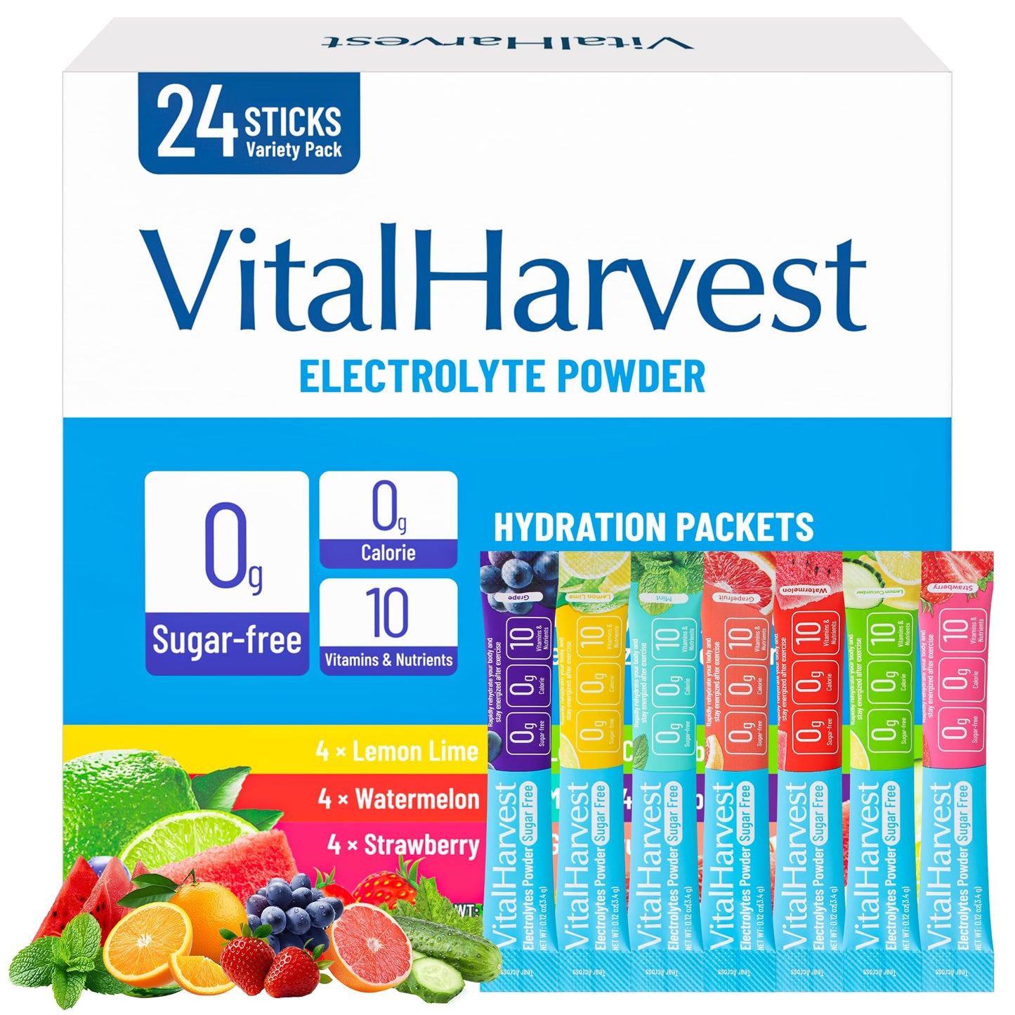 24 Sticks Electrolytes Powder Packets 7 Flavors Sugar Free Hydration Packets Liquid Daily IV Drink Mix, Low Sodium, Lemon Lime, Watermelon, Strawberry, Grape - Maple Wellness Supplements