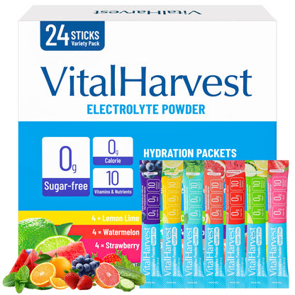 24 Sticks Electrolytes Powder Packets 7 Flavors Sugar Free Hydration Packets Liquid Daily IV Drink Mix, Low Sodium, Lemon Lime, Watermelon, Strawberry, Grape - Maple Wellness Supplements