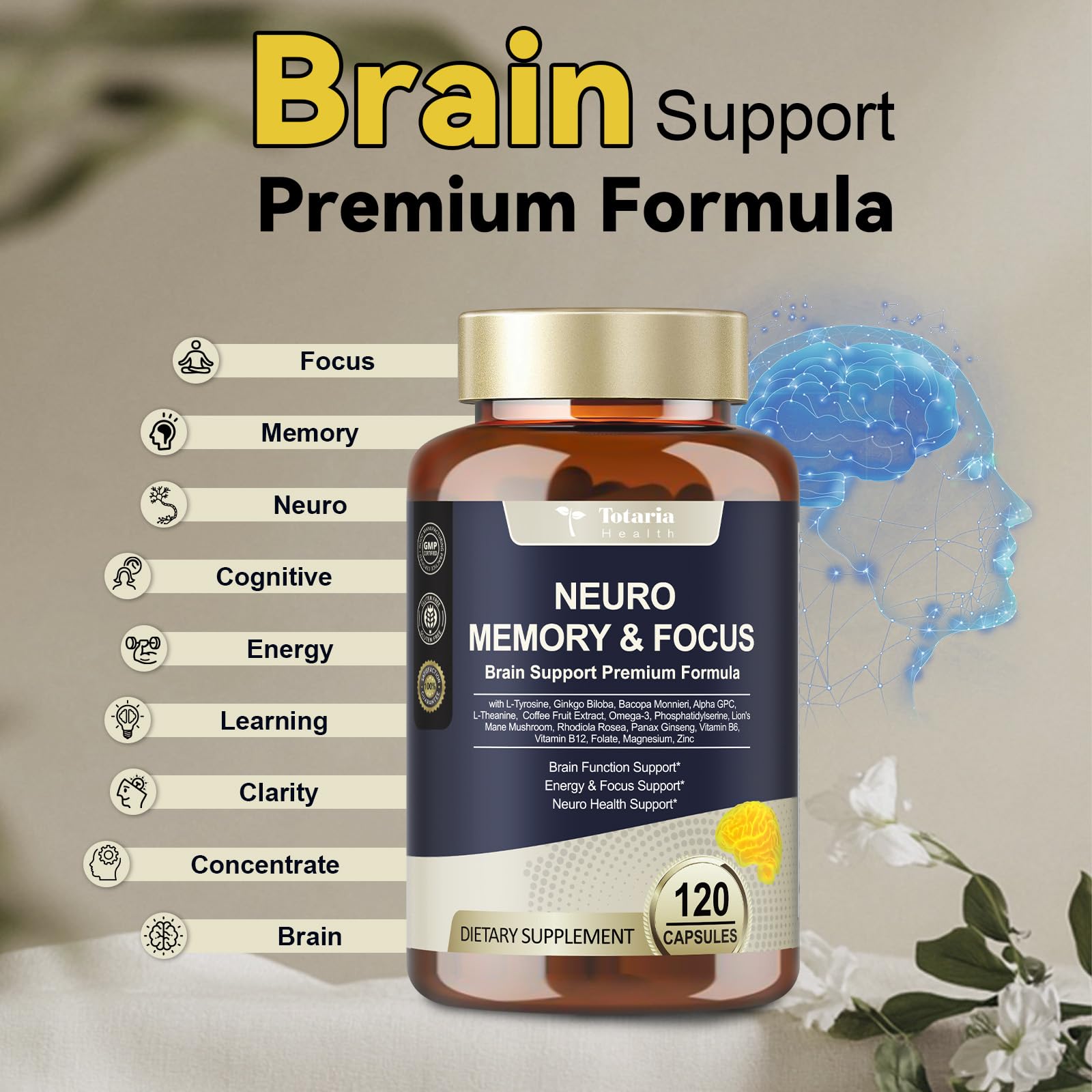25 in 1 Brain Supplements for Memory and Focus & Neuro Health - Daily Brain Nootropic Cognitive Supplement with L-Tyrosine, Bacopa Monnieri, Ginkgo Biloba, Alpha GPC - Non-GMO, Gluten Free - Maple Wellness Supplements