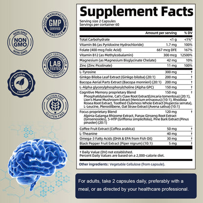 25 in 1 Brain Supplements for Memory and Focus & Neuro Health - Daily Brain Nootropic Cognitive Supplement with L-Tyrosine, Bacopa Monnieri, Ginkgo Biloba, Alpha GPC - Non-GMO, Gluten Free - Maple Wellness Supplements