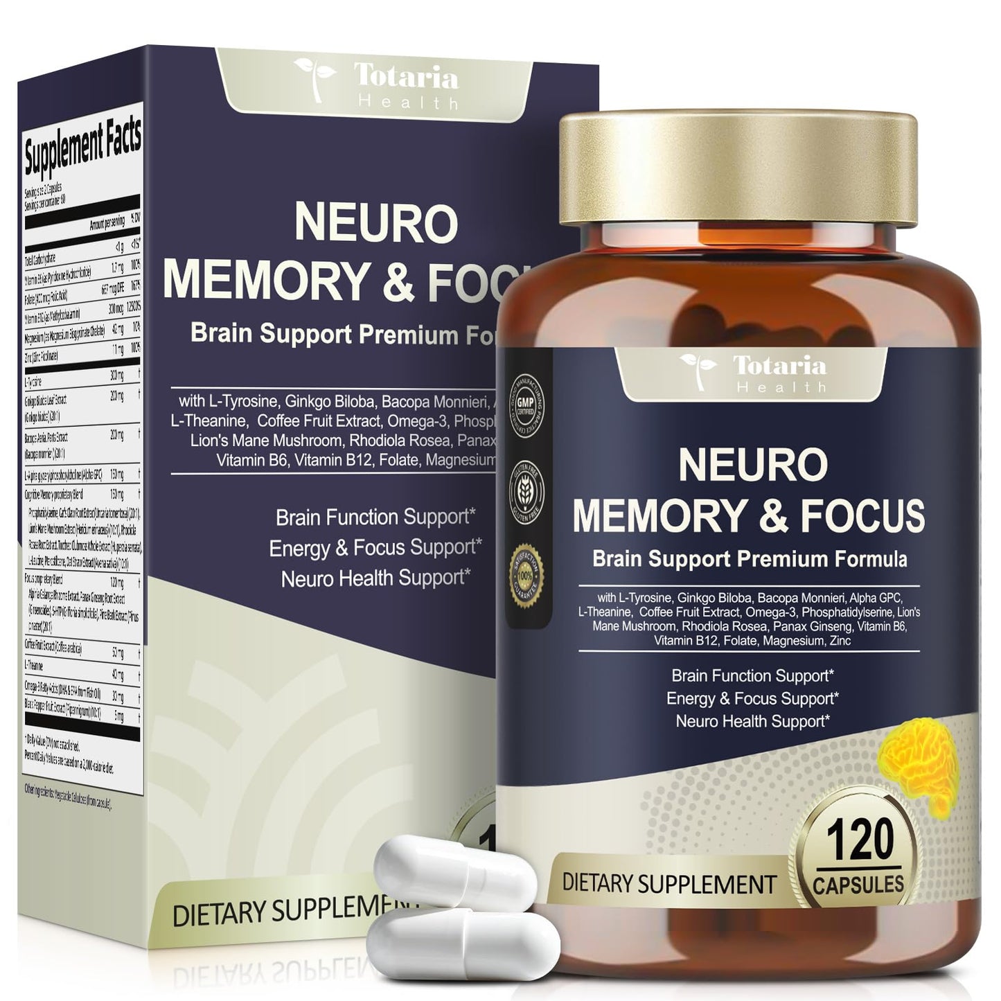 25 in 1 Brain Supplements for Memory and Focus & Neuro Health - Daily Brain Nootropic Cognitive Supplement with L-Tyrosine, Bacopa Monnieri, Ginkgo Biloba, Alpha GPC - Non-GMO, Gluten Free - Maple Wellness Supplements