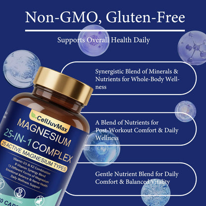 25-in-1 Magnesium Complex | Multi-Form Absorbable Blend for Daily Nutritional Support, 120 Vegan Caps (1) - Maple Wellness Supplements
