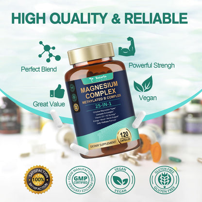 25-in-1 Magnesium Complex with Methylated B Complex Magnesium Glycinate Citrate Malate Taurate Gluconate Aspartate Carbonate D3 K2, Magnesium Supplement - Maple Wellness Supplements