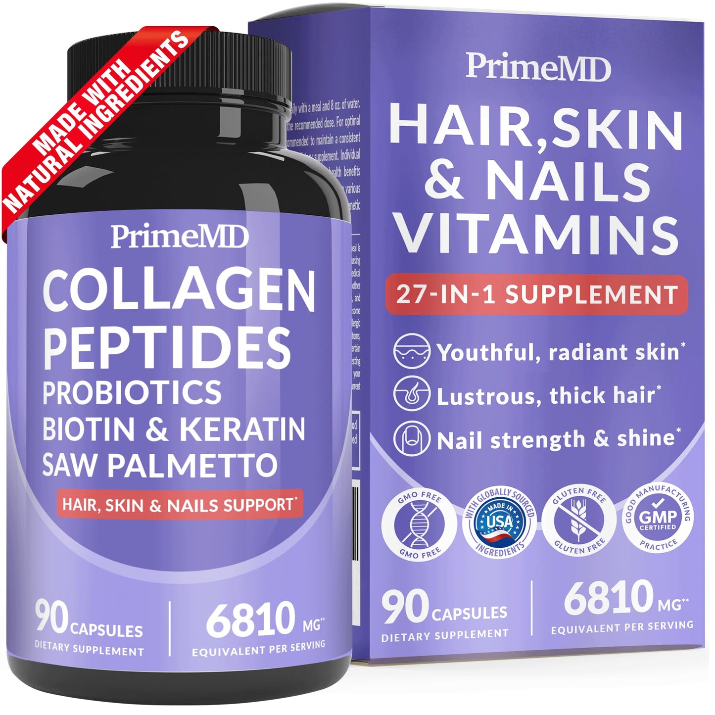 27-in-1 Hair Skin and Nails Vitamins (6810mg) with Biotin 10000mcg - Collagen Supplements for Men and Women - Keratin Supplements with Probiotics - Maple Wellness Supplements