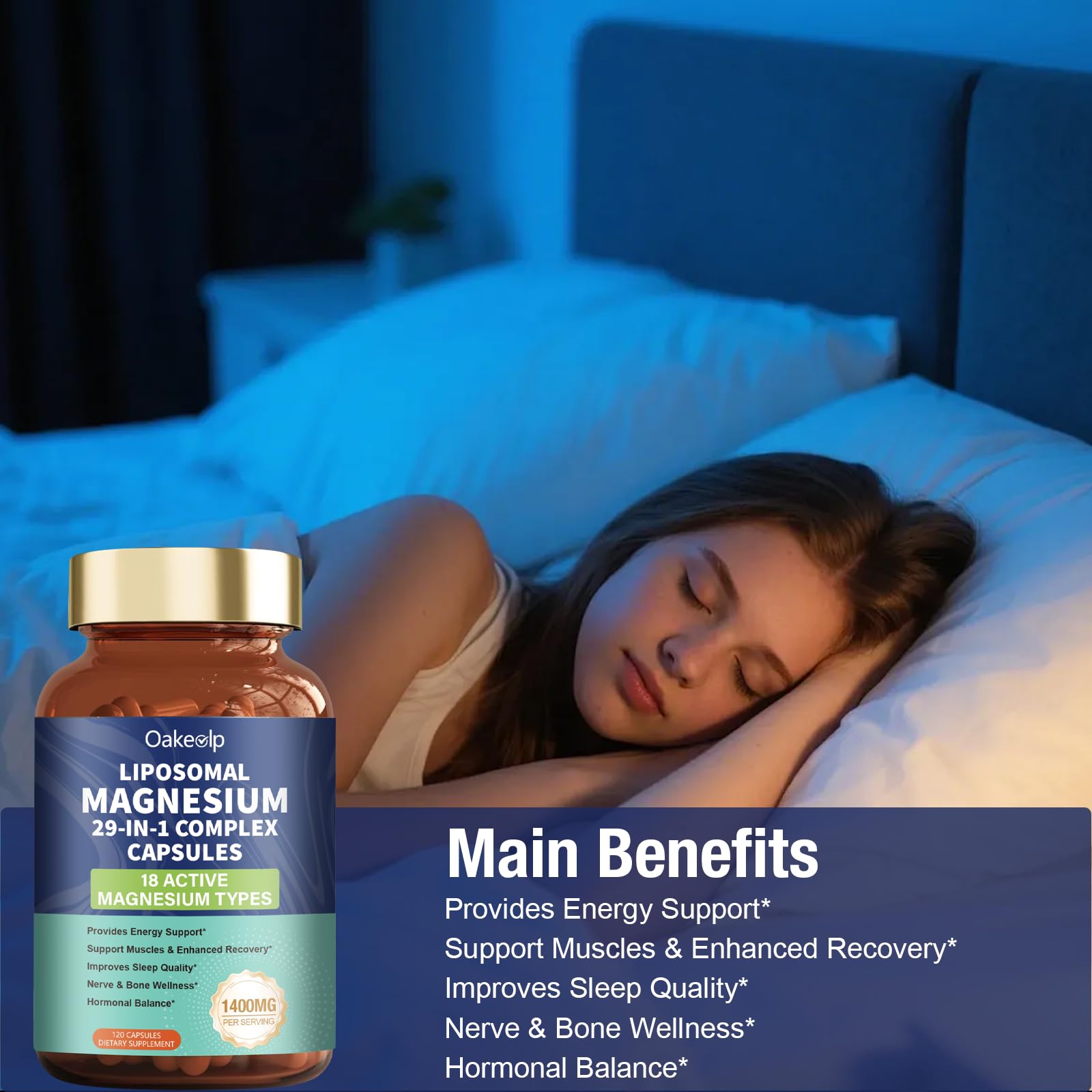 29-in-1 Liposomal 18 Active Types Magnesium Complex 1400MG Capsule,L-Threonate Glycinate Malate etc,Mild & Efficient,Extra Vitamin B6 B12 D3K2 & CoQ10, Relaxation Nerve* & Hert* Support - Maple Wellness Supplements