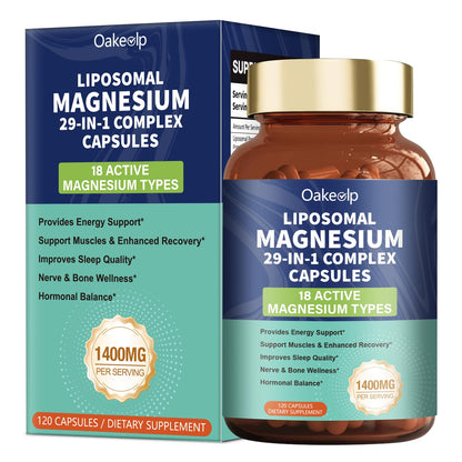29-in-1 Liposomal 18 Active Types Magnesium Complex 1400MG Capsule,L-Threonate Glycinate Malate etc,Mild & Efficient,Extra Vitamin B6 B12 D3K2 & CoQ10, Relaxation Nerve* & Hert* Support - Maple Wellness Supplements