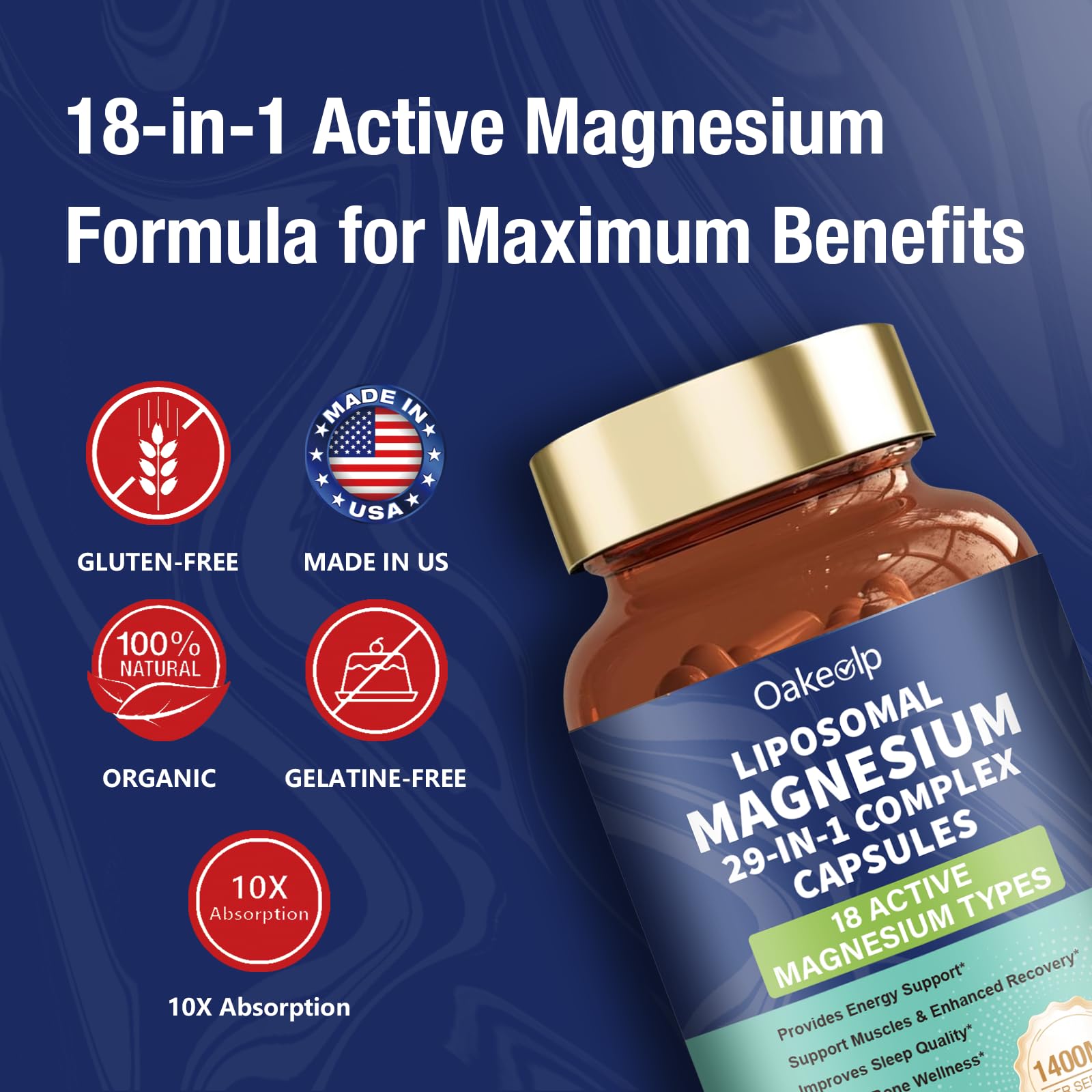29-in-1 Liposomal 18 Active Types Magnesium Complex 1400MG Capsule,L-Threonate Glycinate Malate etc,Mild & Efficient,Extra Vitamin B6 B12 D3K2 & CoQ10, Relaxation Nerve* & Hert* Support - Maple Wellness Supplements