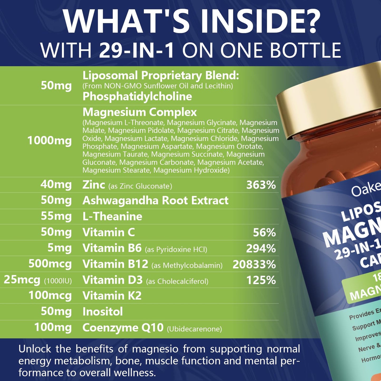 29-in-1 Liposomal 18 Active Types Magnesium Complex 1400MG Capsule,L-Threonate Glycinate Malate etc,Mild & Efficient,Extra Vitamin B6 B12 D3K2 & CoQ10, Relaxation Nerve* & Hert* Support - Maple Wellness Supplements