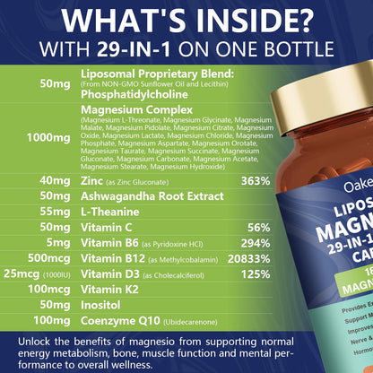 29-in-1 Liposomal 18 Active Types Magnesium Complex 1400MG Capsule,L-Threonate Glycinate Malate etc,Mild & Efficient,Extra Vitamin B6 B12 D3K2 & CoQ10, Relaxation Nerve* & Hert* Support - Maple Wellness Supplements
