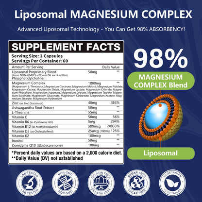 29-in-1 Liposomal 18 Active Types Magnesium Complex 1400MG Capsule,L-Threonate Glycinate Malate etc,Mild & Efficient,Extra Vitamin B6 B12 D3K2 & CoQ10, Relaxation Nerve* & Hert* Support - Maple Wellness Supplements