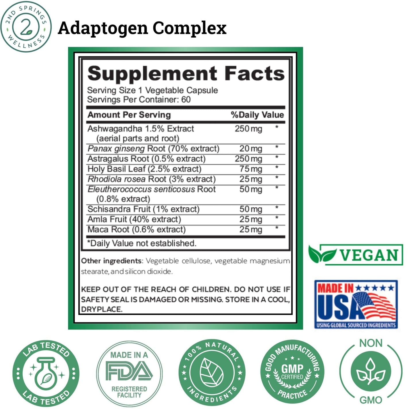 2nd Springs Adaptogen Complex Calmness, Energy and Vitality Booster - Ashwagandha, Schisandra, Astragalus, Ginseng, Rhodiola, and More - Adrenal Support Supplements - 60 Ct - Maple Wellness Supplements
