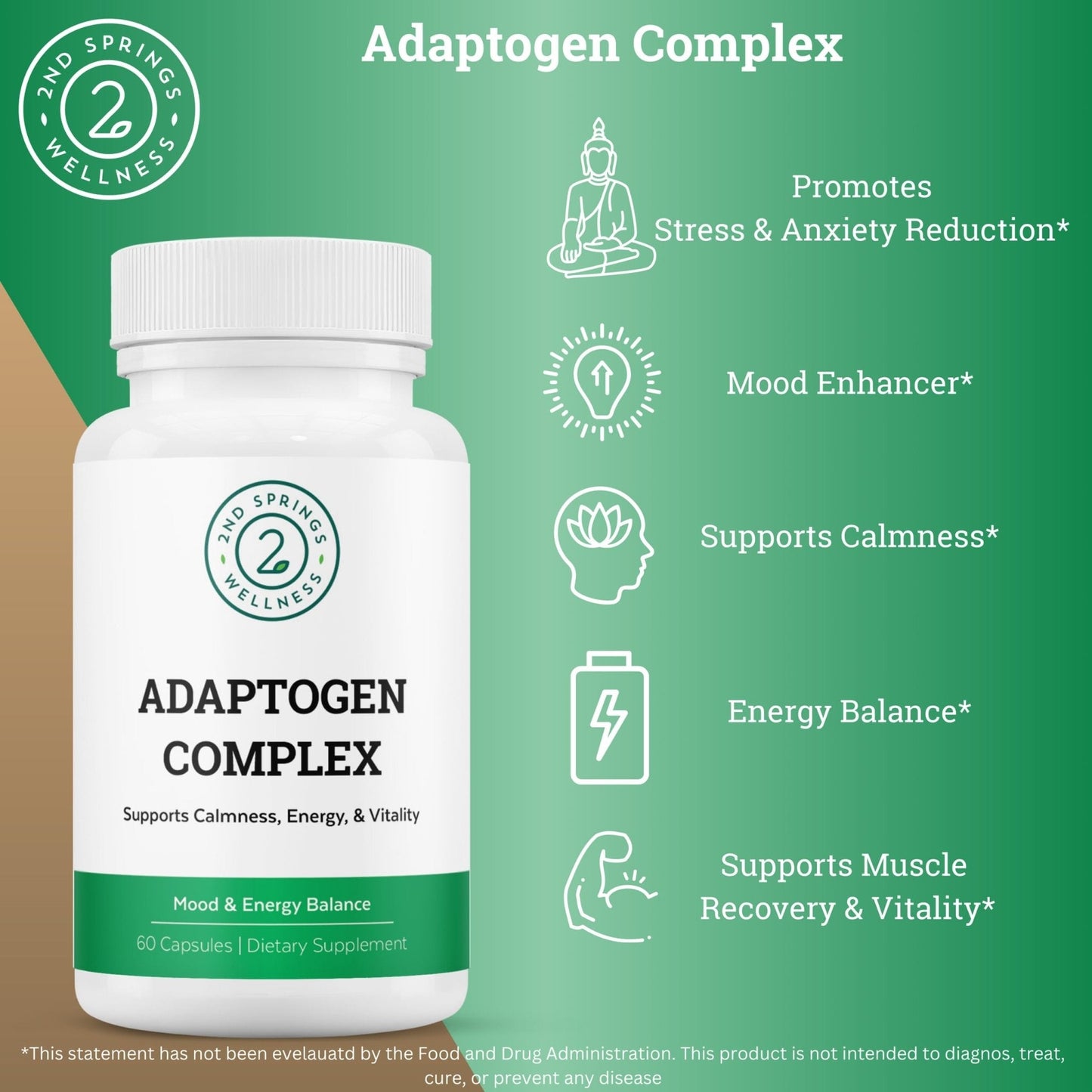2nd Springs Adaptogen Complex Calmness, Energy and Vitality Booster - Ashwagandha, Schisandra, Astragalus, Ginseng, Rhodiola, and More - Adrenal Support Supplements - 60 Ct - Maple Wellness Supplements