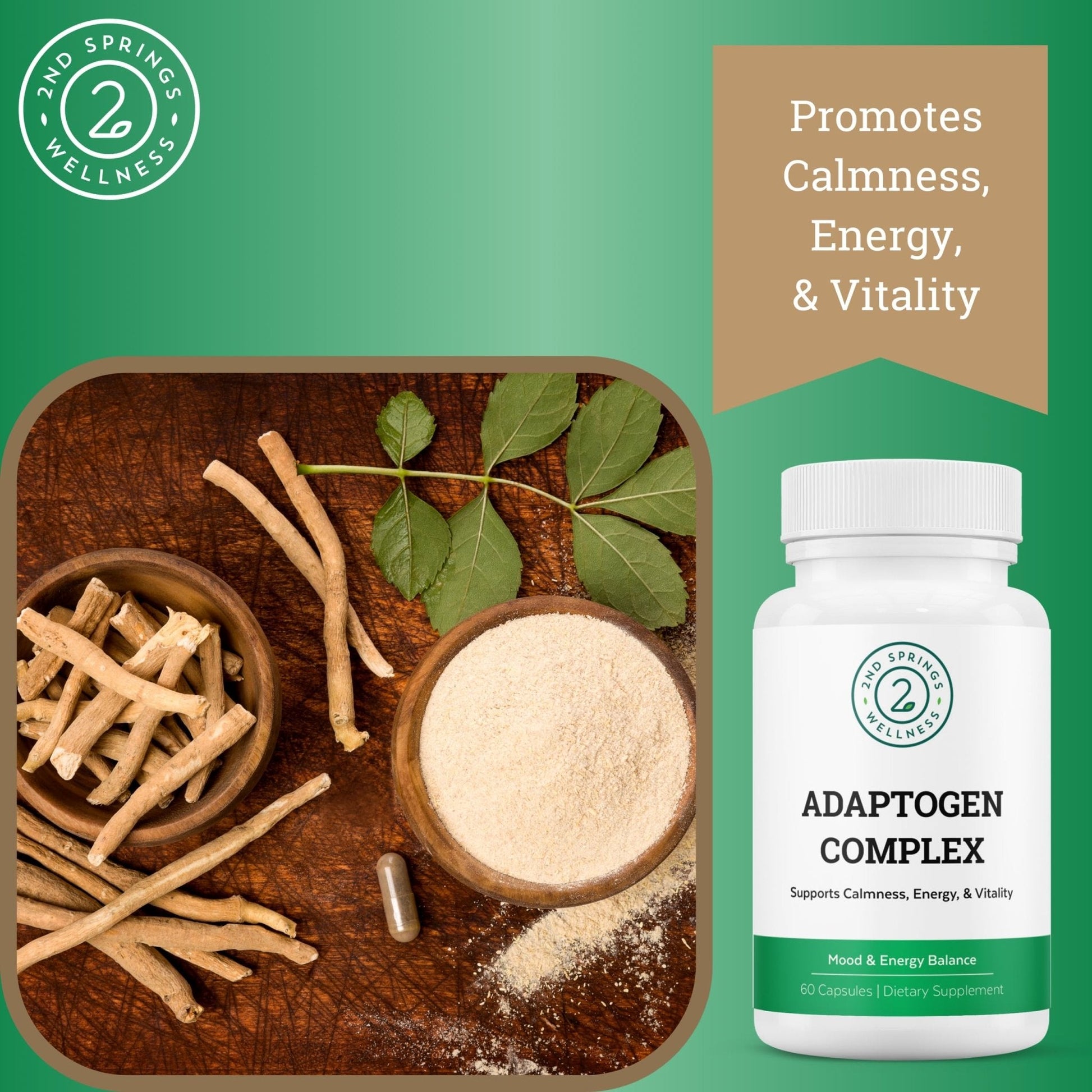 2nd Springs Adaptogen Complex Calmness, Energy and Vitality Booster - Ashwagandha, Schisandra, Astragalus, Ginseng, Rhodiola, and More - Adrenal Support Supplements - 60 Ct - Maple Wellness Supplements