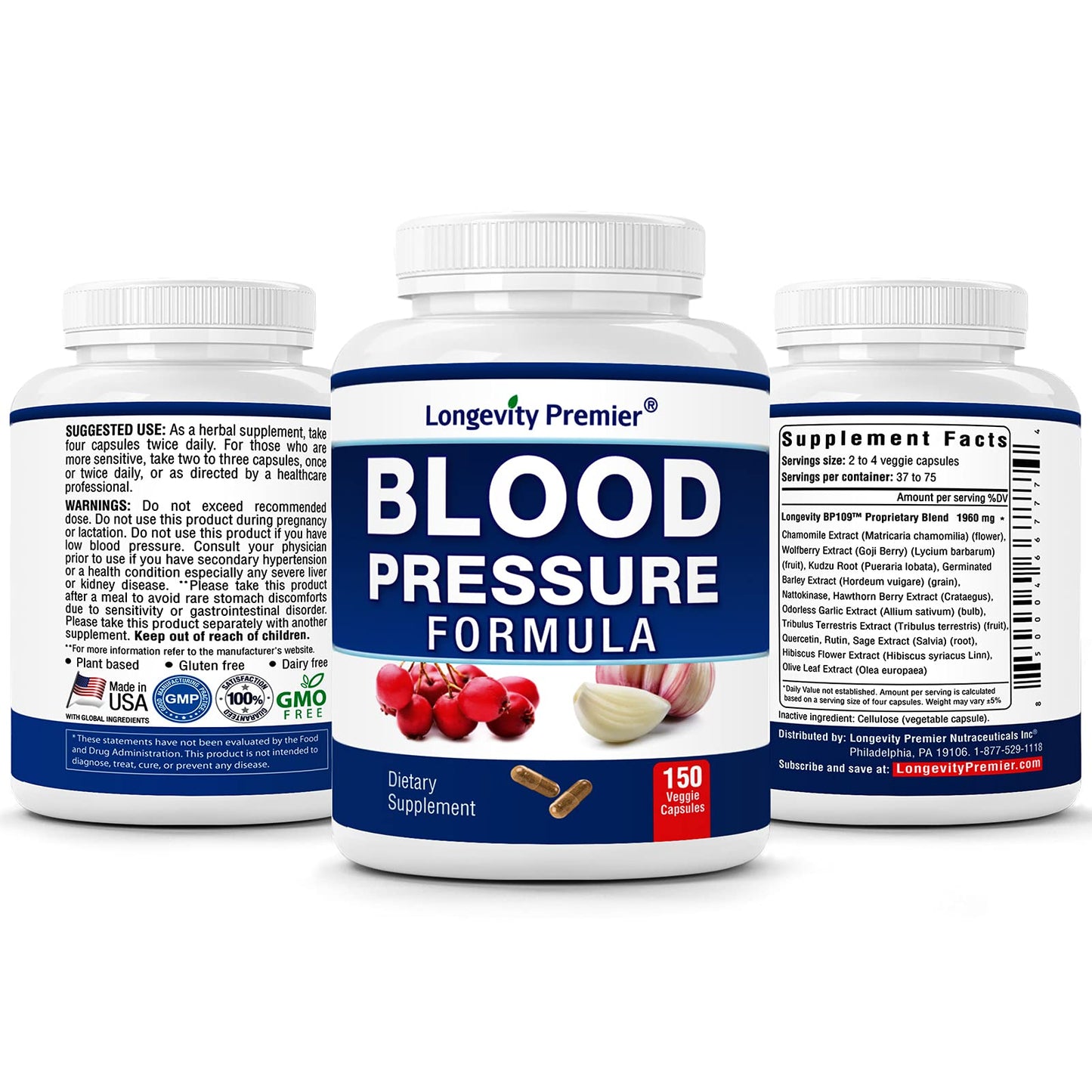[3-Bottle X 150 Caps] Longevity Blood Pressure Formula -Scientifically formulated with Hawthorn & 12+ Quality Natural Herbs - Maple Wellness Supplements