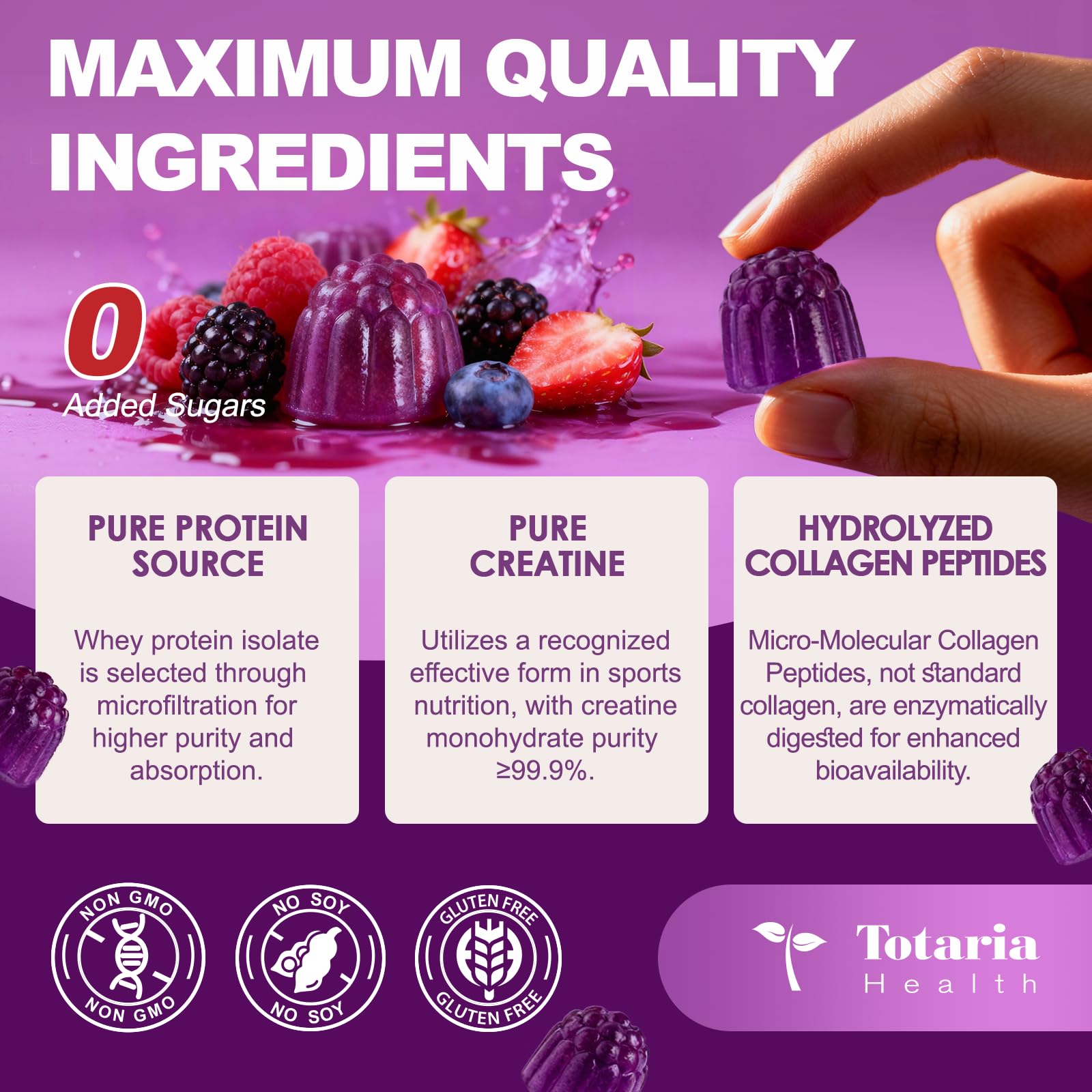 3 in 1 Whey Protein Gummies | Creatine Monohydrate | Collagen, 0 Sugar, Pure Protein Source, Muscle & Energy Support, Berry Flavor, for Women and Men - Maple Wellness Supplements
