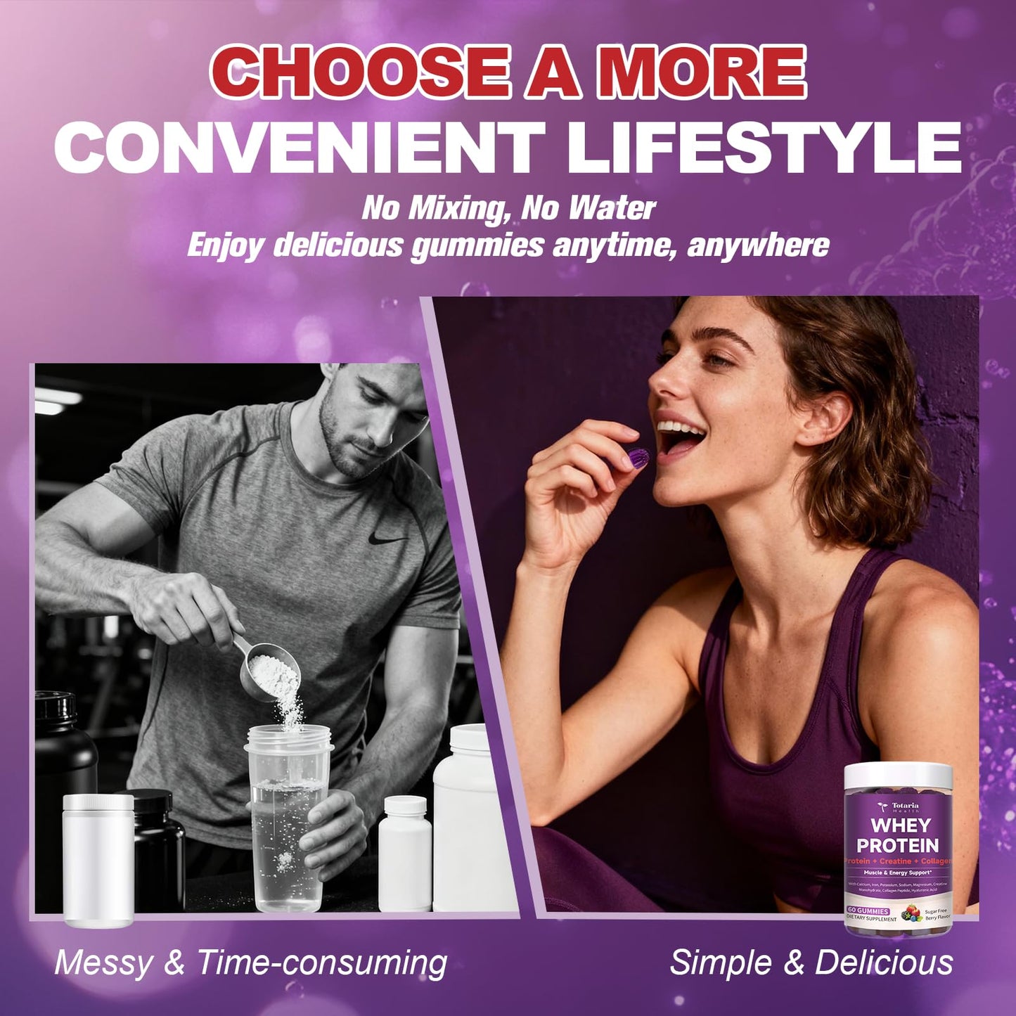 3 in 1 Whey Protein Gummies | Creatine Monohydrate | Collagen, 0 Sugar, Pure Protein Source, Muscle & Energy Support, Berry Flavor, for Women and Men - Maple Wellness Supplements