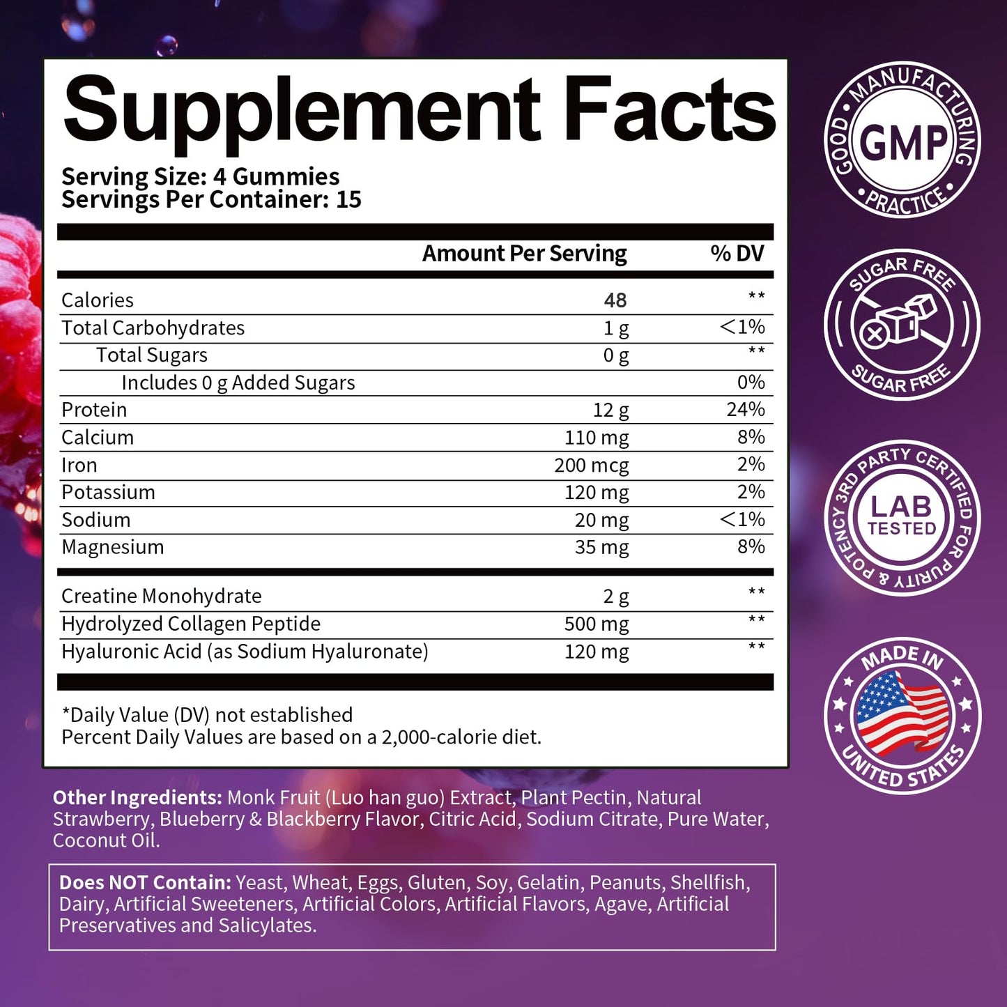 3 in 1 Whey Protein Gummies | Creatine Monohydrate | Collagen, 0 Sugar, Pure Protein Source, Muscle & Energy Support, Berry Flavor, for Women and Men - Maple Wellness Supplements
