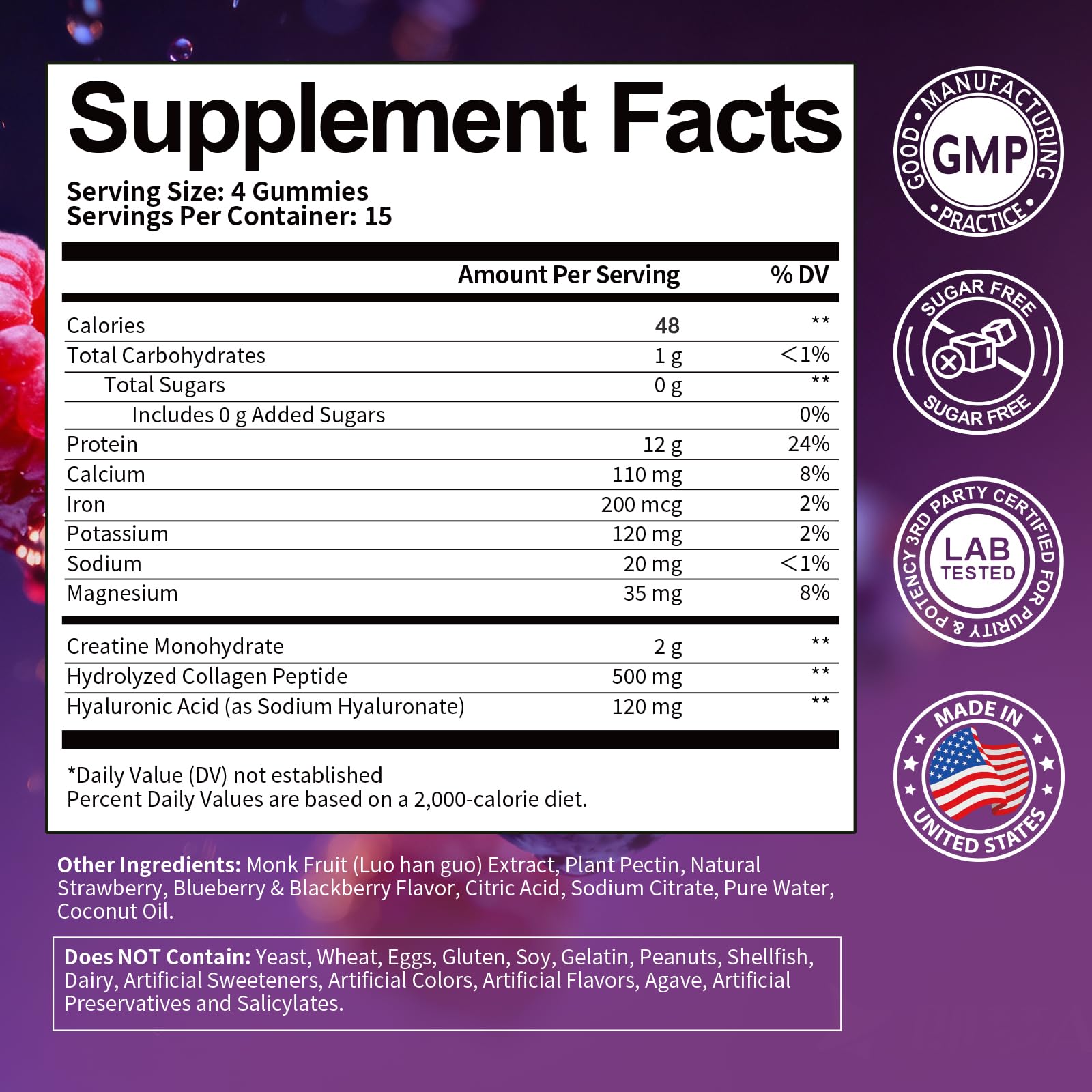 3 in 1 Whey Protein Gummies | Creatine Monohydrate | Collagen, 0 Sugar, Pure Protein Source, Muscle & Energy Support, Berry Flavor, for Women and Men - Maple Wellness Supplements