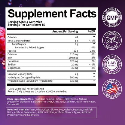 3 in 1 Whey Protein Gummies | Creatine Monohydrate | Collagen, 0 Sugar, Pure Protein Source, Muscle & Energy Support, Berry Flavor, for Women and Men - Maple Wellness Supplements