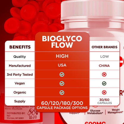 (3 Pack) BioGlyco Flow Blood Optimizer Capsules, Official BioGlyco Flow Pills with All Natural Ingredients, Advanced Health and Wellness Supplement with Maximum Strength Multivitamins (180 Capsules) - Maple Wellness Supplements