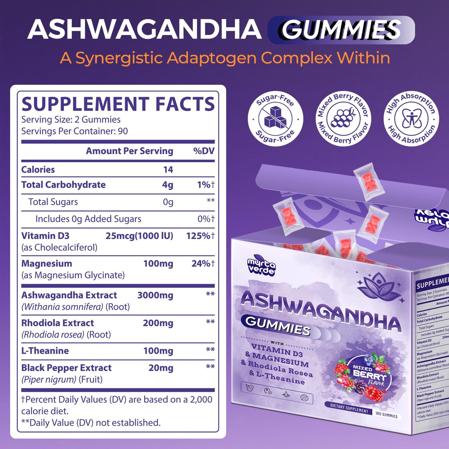 3000mg Ashwagandha Gummies for Women & Men, 180 Count | Extra Strength Ashwagandha Supplement for Stress, Relaxation & Immune Support | Magnesium, Rhodiola, L-Theanine, D3 | Sugar Free Mixed Berry - Maple Wellness Supplements