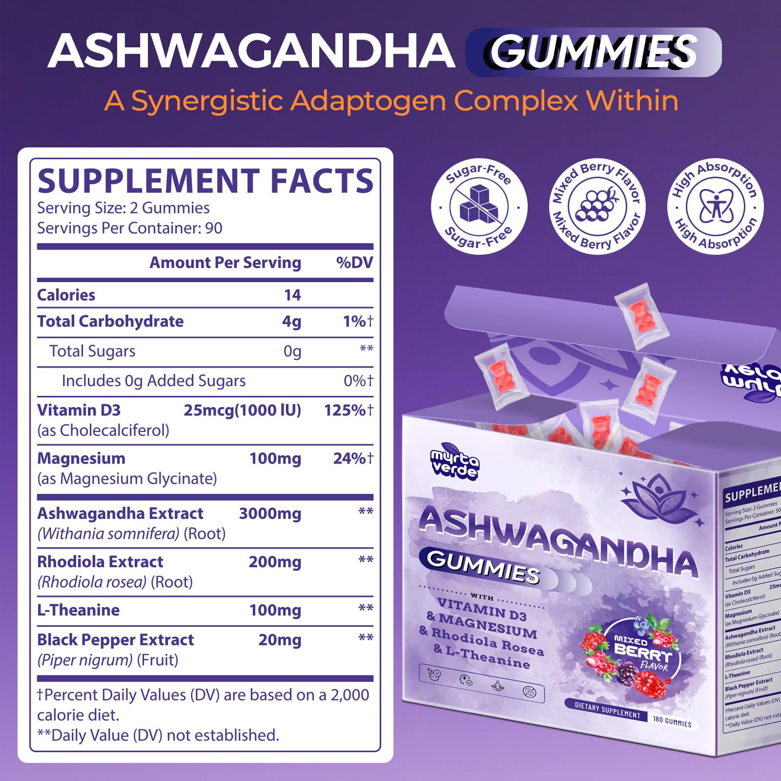 3000mg Ashwagandha Gummies for Women & Men, 180 Count | Extra Strength Ashwagandha Supplement for Stress, Relaxation & Immune Support | Magnesium, Rhodiola, L-Theanine, D3 | Sugar Free Mixed Berry - Maple Wellness Supplements