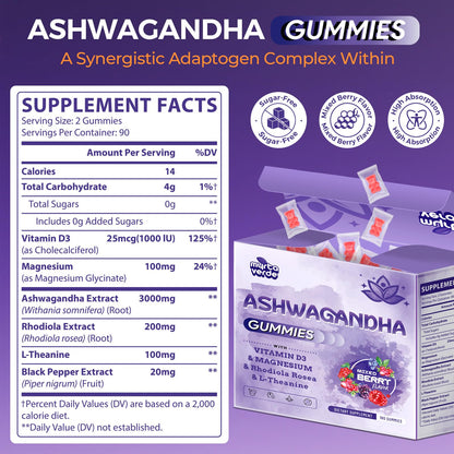3000mg Ashwagandha Gummies for Women & Men, 180 Count | Extra Strength Ashwagandha Supplement for Stress, Relaxation & Immune Support | Magnesium, Rhodiola, L-Theanine, D3 | Sugar Free Mixed Berry - Maple Wellness Supplements