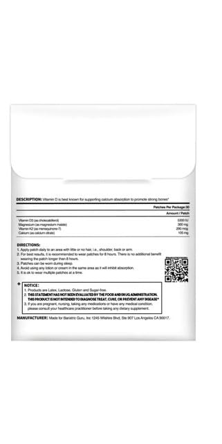 Bariatric Guru VitaBoost Supplement Patch — Vitamin D3, K2, Magnesium & Calcium Citrate Transdermal Topical Patch for Bone, Muscle & Immune Support — 30 Patches Bariatric GuruBuy Supplements Australia