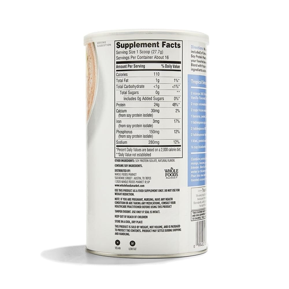 365 by Whole Foods Market, Soy Protein Powder, Unsweetened Vanilla Flavor, 15.63 oz - Maple Wellness Supplements