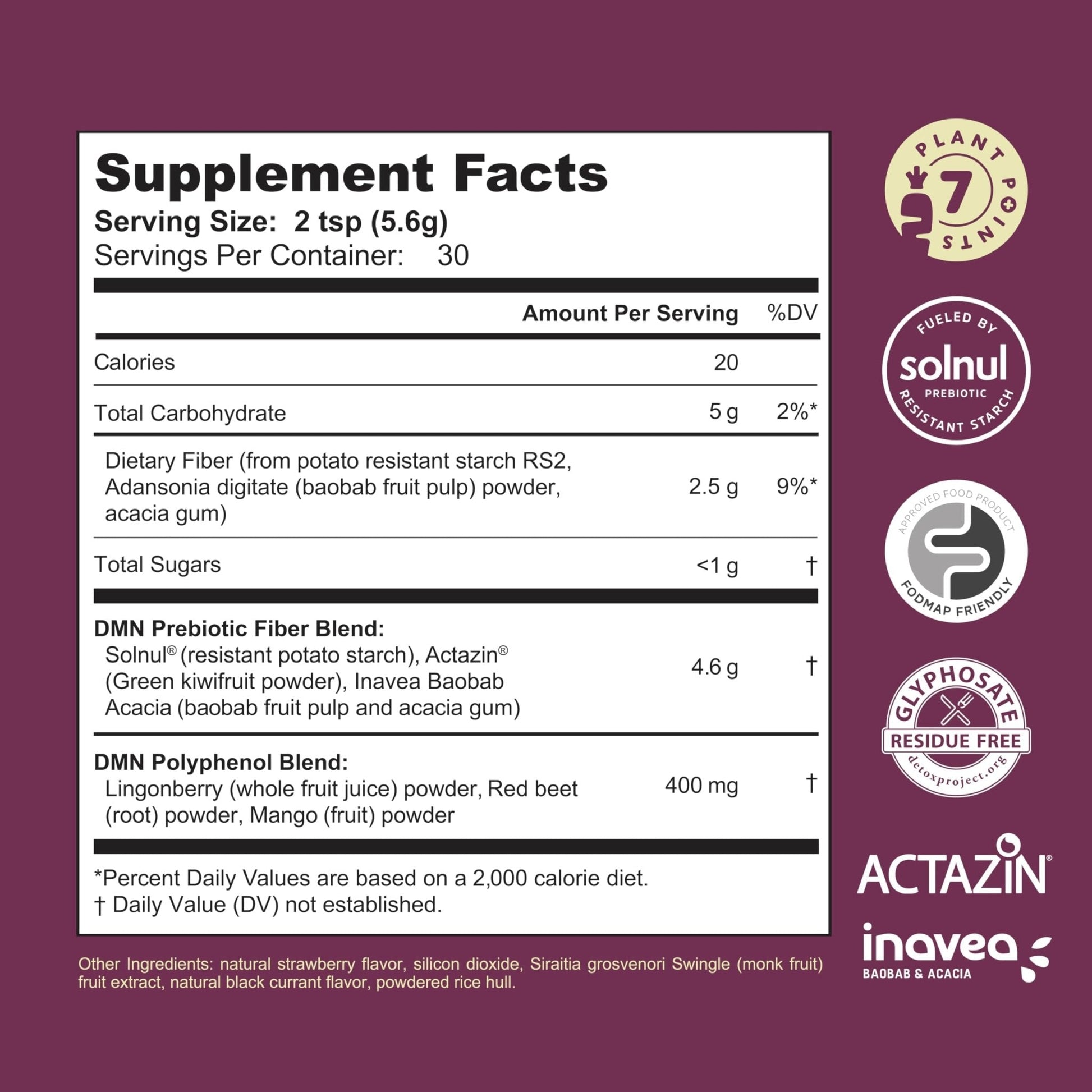 38TERA DMN (Daily Microbiome Nutrition), 6 Oz, Plant-Based Fiber Powder with 3 Different Prebiotics, Helps Digestive & Gut Health, Low FODMAP Supplement, Vegan, Wild Berry Flavor, 30 Servings - Maple Wellness Supplements