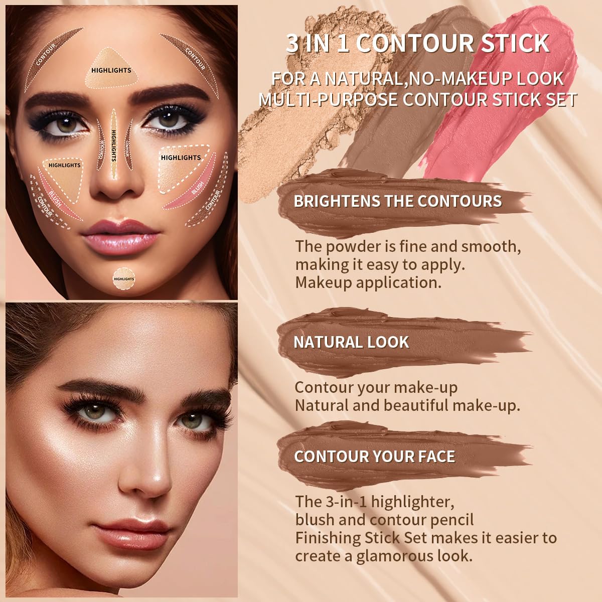 3Pcs Cream Contour Sticks Kit, Highlighter Stick Blush Stick Cream Contour Kit Makeup Set with Brush,Face Brightens & Shades Contour Stick Waterproof for Women - Maple Wellness Supplements