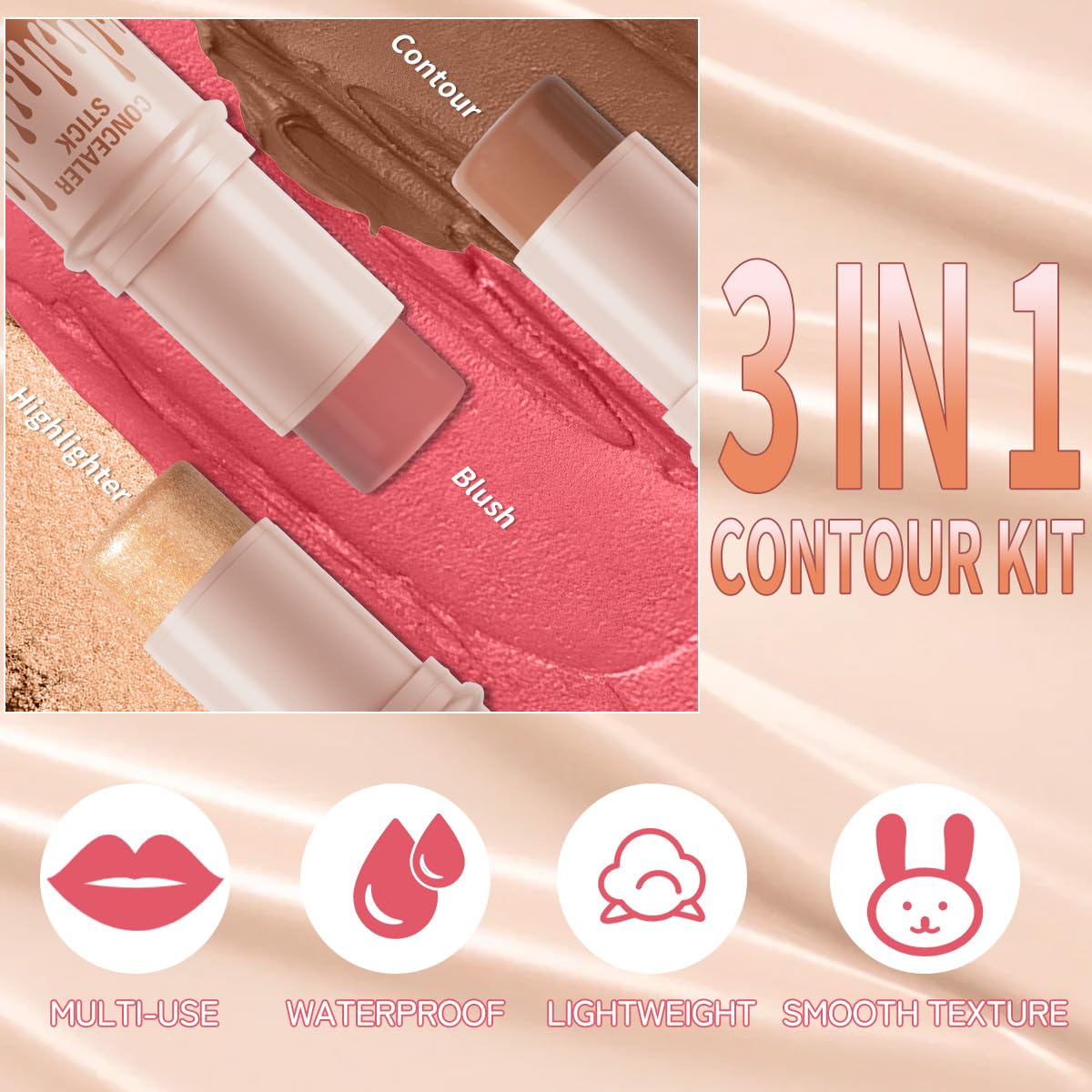 3Pcs Cream Contour Sticks Kit, Highlighter Stick Blush Stick Cream Contour Kit Makeup Set with Brush,Face Brightens & Shades Contour Stick Waterproof for Women - Maple Wellness Supplements