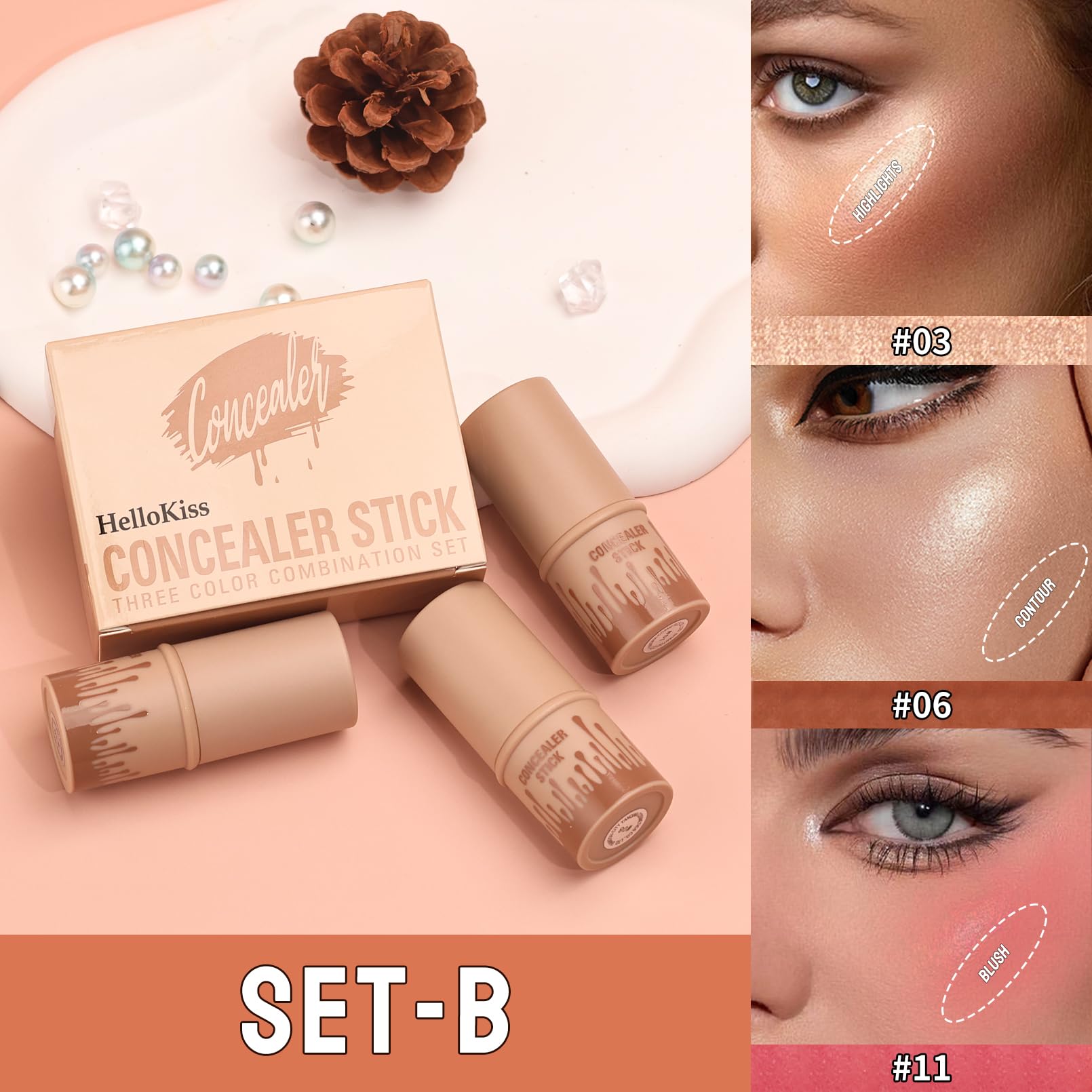 3Pcs Cream Contour Sticks Kit, Highlighter Stick Blush Stick Cream Contour Kit Makeup Set with Brush,Face Brightens & Shades Contour Stick Waterproof for Women - Maple Wellness Supplements