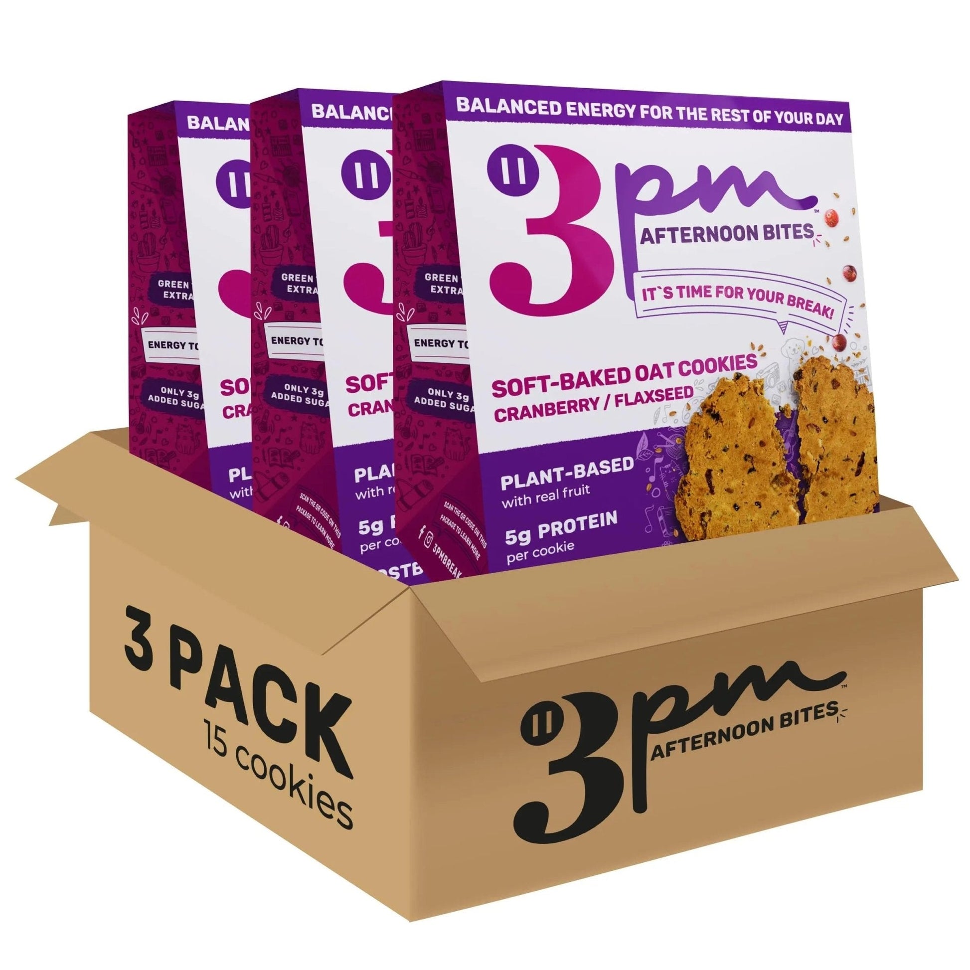 3PM Afternoon Bites Cranberry Flaxseed Cookies with Postbiotics, 5g of Protein, 15 Cookies - Maple Wellness Supplements
