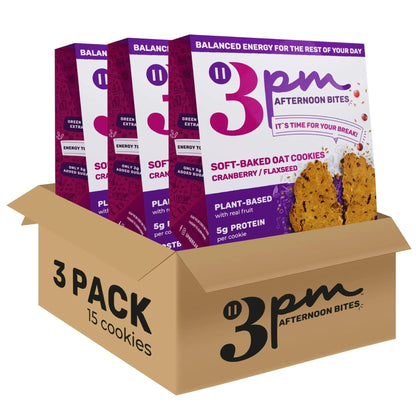 3PM Afternoon Bites Cranberry Flaxseed Cookies with Postbiotics, 5g of Protein, 15 Cookies - Maple Wellness Supplements
