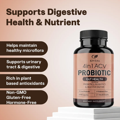 4-in-1 ACV Gut Formula – Apple Cider Vinegar, Prebiotics & Probiotics, Digestive Enzymes – Immune & Complete Digestion – 60 Veggie Capsules - Maple Wellness Supplements