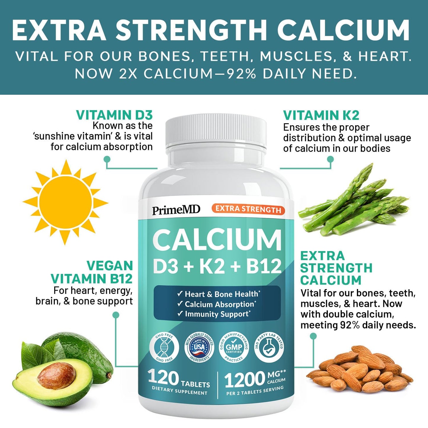 4-in-1 Calcium 1200 mg with Vitamin D3 K2 - Extra Strength Calcium Supplements for Women & Men with D3 K2 Vitamin 5000 IU - Everyday Vitality Supplement - Maple Wellness Supplements