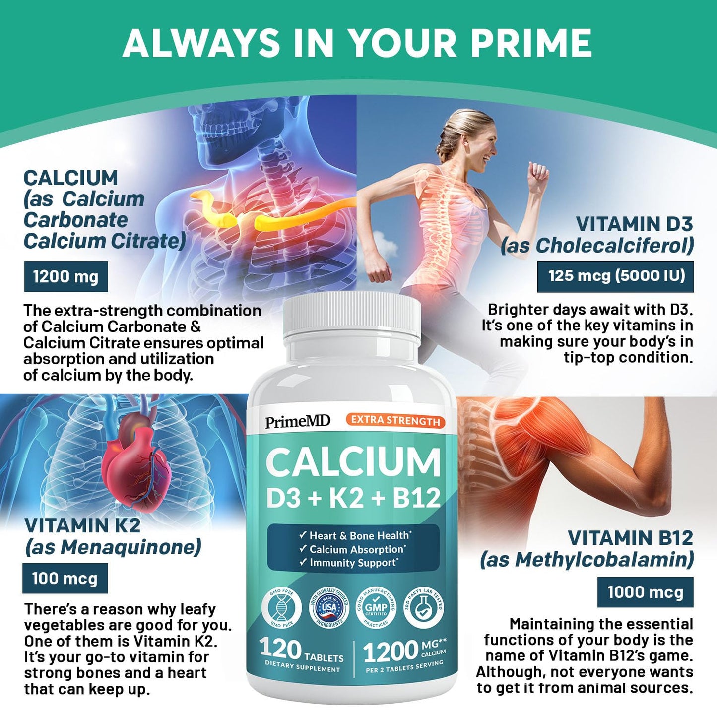 4-in-1 Calcium 1200 mg with Vitamin D3 K2 - Extra Strength Calcium Supplements for Women & Men with D3 K2 Vitamin 5000 IU - Everyday Vitality Supplement - Maple Wellness Supplements