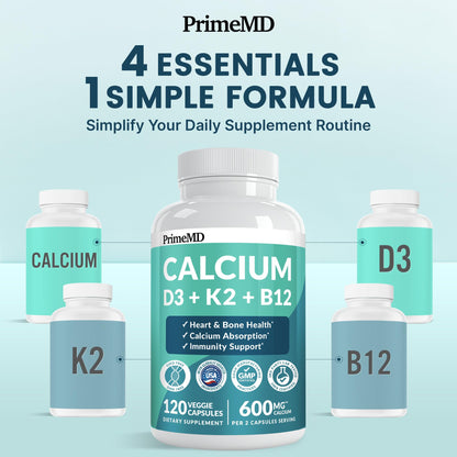 4-in-1 Calcium Supplements for Women & Men - Calcium Citrate with D3 K2 Vitamin 5000 IU - Calcium 600mg with Vitamin D3 K2 - Everyday Vitality Supplement - Maple Wellness Supplements
