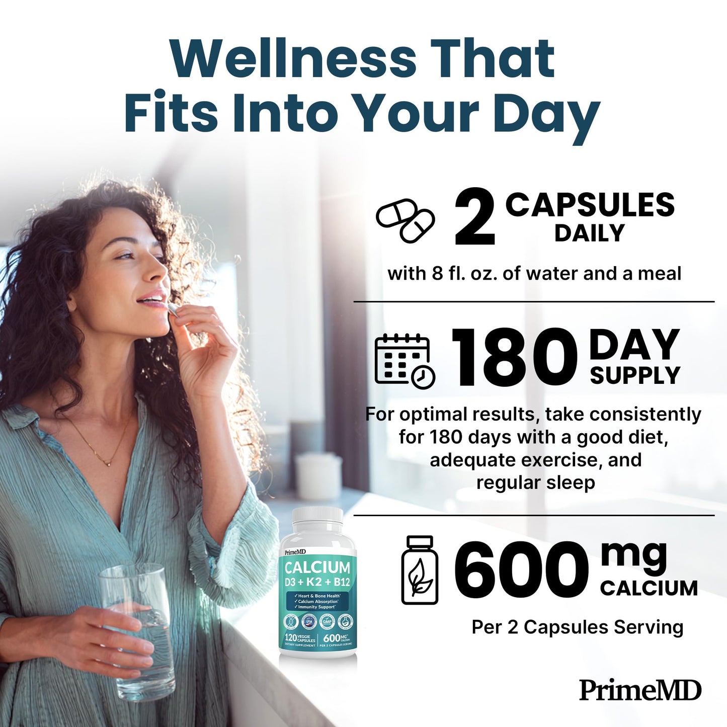 4-in-1 Calcium Supplements for Women & Men - Calcium Citrate with D3 K2 Vitamin 5000 IU - Calcium 600mg with Vitamin D3 K2 - Everyday Vitality Supplement - Maple Wellness Supplements