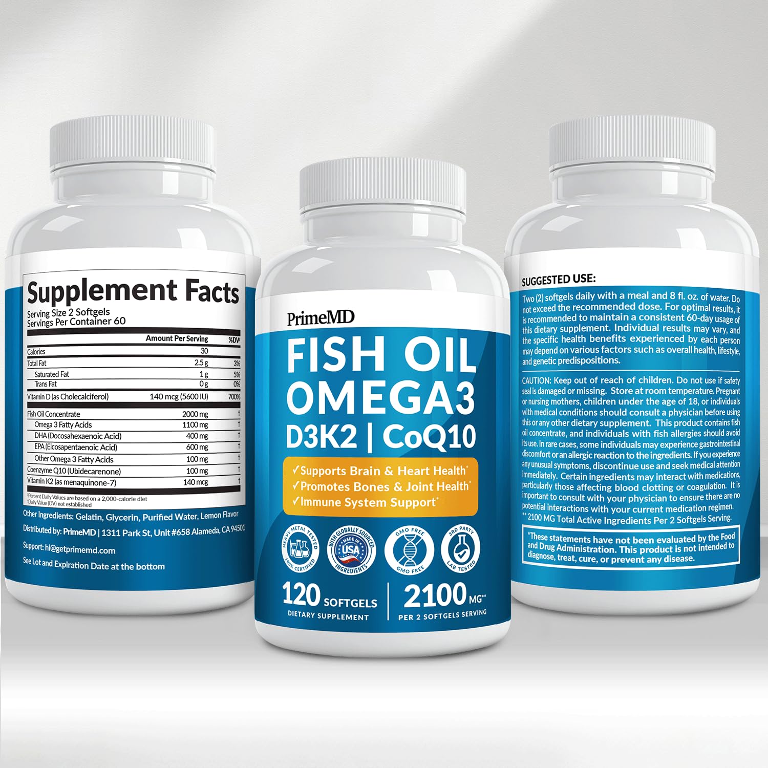 4-in-1 Fish Oil Omega 3 Fatty Supplements (2100mg) - Omega 3 Fish Oil with Vitamins D3 K2 and CoQ10 - Lemon Flavored (120 softgels) - Maple Wellness Supplements