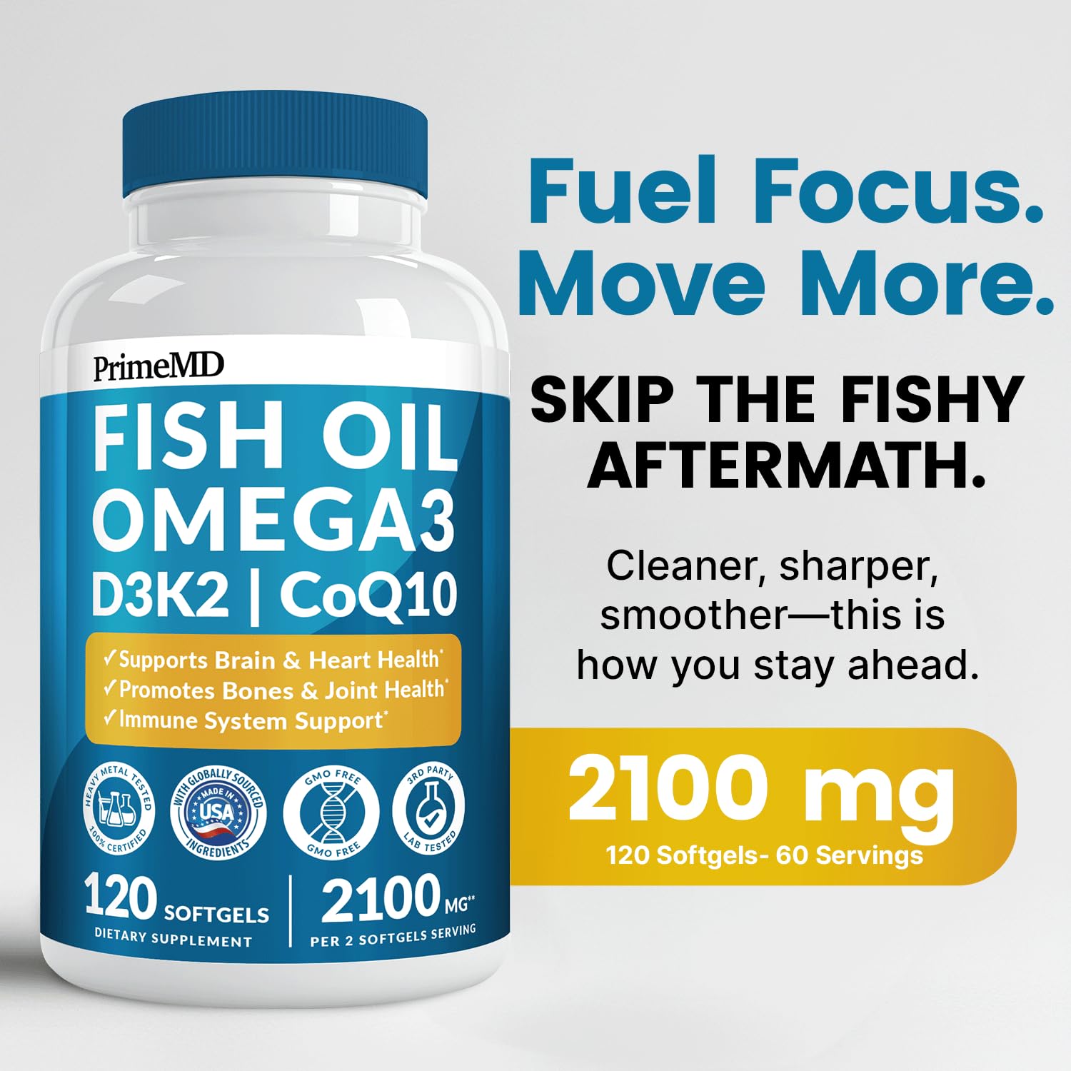 4-in-1 Fish Oil Omega 3 Fatty Supplements (2100mg) - Omega 3 Fish Oil with Vitamins D3 K2 and CoQ10 - Lemon Flavored (120 softgels) - Maple Wellness Supplements